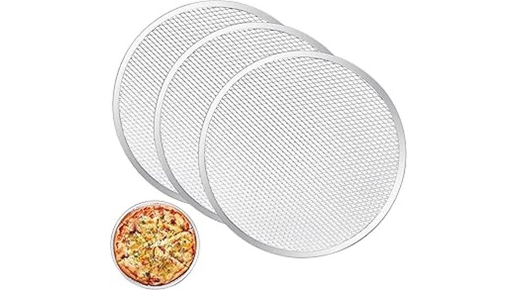 three aluminum pizza screens