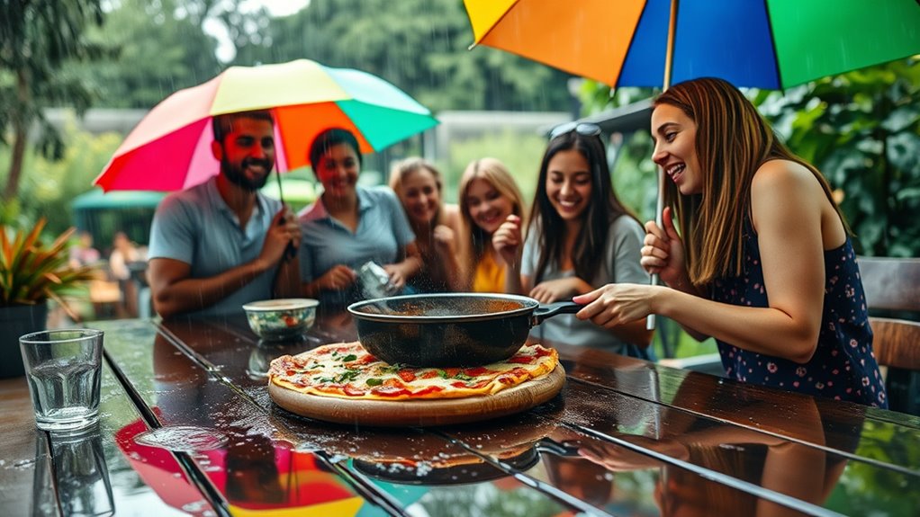 rainy outdoor pizza party