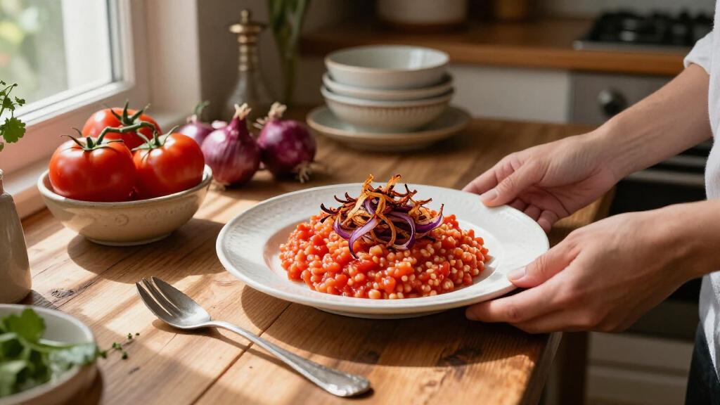 Tomato Risotto With Frizzled Red Onions